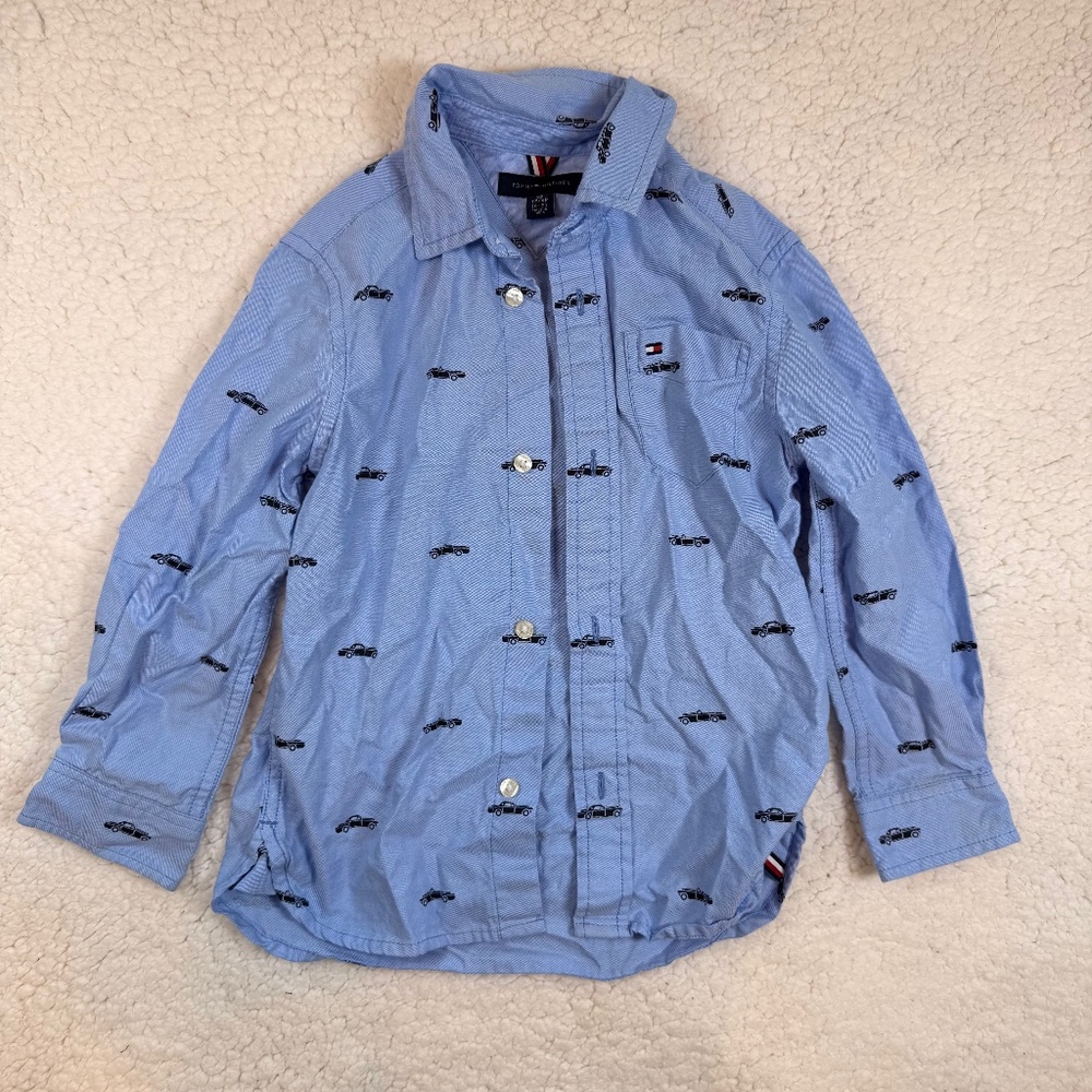 Tommy Hilfiger Boys XS 4-5 Blue Embroidered Car Button Down Shirt